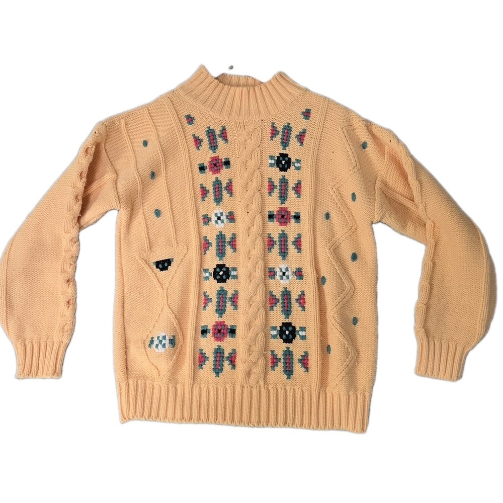 Vintage Evian Womens Cottagecore Knit Crochet Sweater Small Butter Yellow
